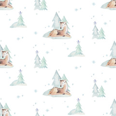 Watercolor Merry Christmas seamless patterns with snowman, holiday cute animals deer, rabbit. Christmas celebration paper. Winter new year design.