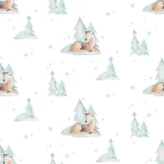 Wallpaper murals Little deer Watercolor Merry Christmas seamless patterns with snowman, holiday cute animals deer, rabbit. Christmas celebration paper. Winter new year design.
