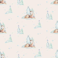Modèles harmonieux de joyeux Noël à l& 39 aquarelle avec bonhomme de neige, cerfs animaux mignons de vacances, lapin. Papier de fête de Noël. Conception de nouvel an d& 39 hiver.
