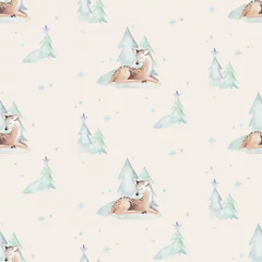 Behang Aquarel Merry Christmas naadloze patronen met sneeuwpop, vakantie schattige dieren herten, konijn. Papier voor kerstviering. Winter nieuwjaar ontwerp. © kris_art