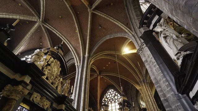 Motion panoram view of the cathedral dome.Walking under big sceleton of whale hanging on the celling