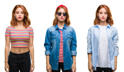 Collage of young beautiful redhead woman over isolated background with serious expression on face. Simple and natural looking at the camera.