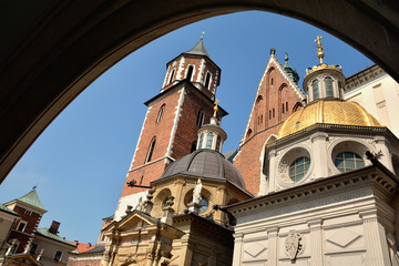 The Royal Archcathedral Basilica of Saints Stanislaus and Wenceslaus on the Wawel Hill. Architecture close up, part of Wawel Castle in Krakow, Poland. 