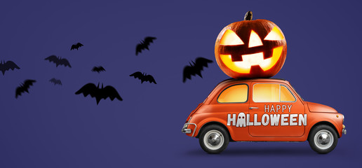 Halloween car delivering pumpkin against purple background
