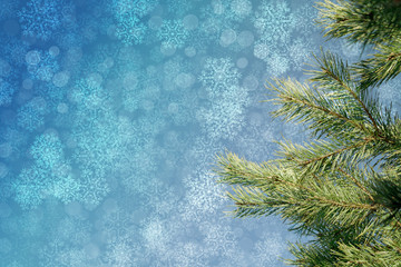 Fototapeta na wymiar Christmas background with fir branches, lights, snowflakes, bokeh.
