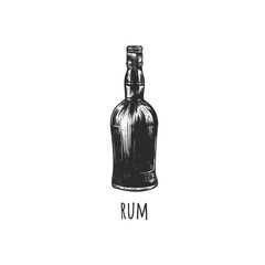 Bottle of rum retro sketch drawing of hand. 