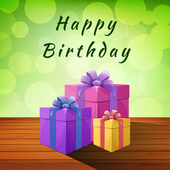 Happy birthday - cute greeting card with bright multicolored gift boxes tied with ribbon on the table and blurred green bokeh background. Vector illustration.