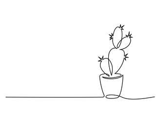 Continuous one line drawing. House cactus in pot. Vector illustration - obrazy, fototapety, plakaty