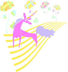 Pink unicorn on yellow road with colorful flowers on border vector illustration