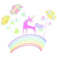 Pink unicorn standing on rainbow surrounded by colorful flowers vector illustration