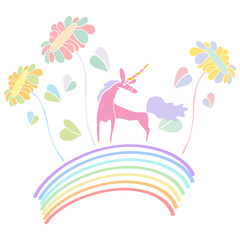 Pink unicorn standing on rainbow with flowers illustration