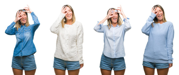 Collage of blonde beautiful woman wearing casual look over white isolated backgroud doing ok gesture with hand smiling, eye looking through fingers with happy face.