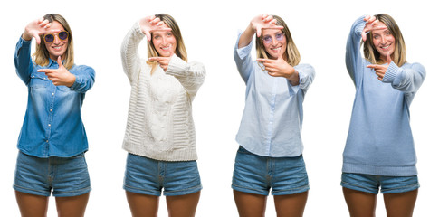 Collage of blonde beautiful woman wearing casual look over white isolated backgroud smiling making frame with hands and fingers with happy face. Creativity and photography concept.