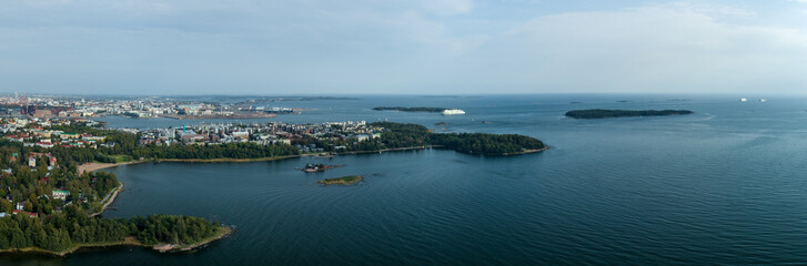 Fototapeta premium Panorama view from the sky of Helsinki with car ferries arriving to the West Harbour, Finland