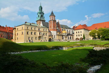  Wawel castle and ancient walls , top attraction in Krakow, Poland.