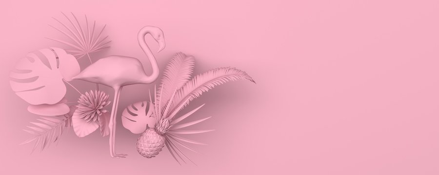 Flamingo surrounded by tropical exotic plants. Monochrome pink image on a pink background. 3D rendering.