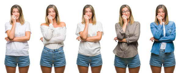Collage of blonde beautiful woman wearing casual look over white isolated backgroud looking stressed and nervous with hands on mouth biting nails. Anxiety problem.