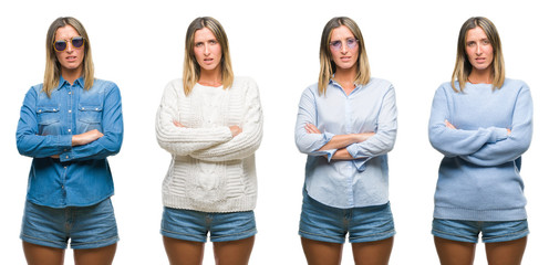 Collage of blonde beautiful woman wearing casual look over white isolated backgroud skeptic and nervous, disapproving expression on face with crossed arms. Negative person.