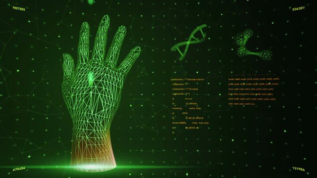 Background with animation of abstract interface. Human body, head, hands, DNA spirals and models of atom in wireframe style and animation programming codes. Animation of seamless loop.