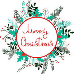 Obraz premium Merry Christmas wreath with twigs, plants, holly.