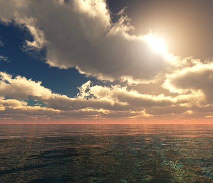 Beautiful day over the ocean. The sun in the clouds over the water.
