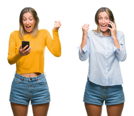 Collage of blonde beautiful woman using smartphone over white isolated backgroud screaming proud and celebrating victory and success very excited, cheering emotion