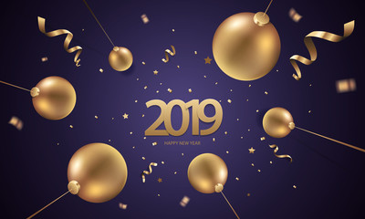 Obraz na płótnie Canvas Happy New Year 2019 background with Christmas decoration and confetti.