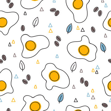 Hand drawn seamless pattern with fried eggs. Breakfast background. Scrambled eggs. Omelette