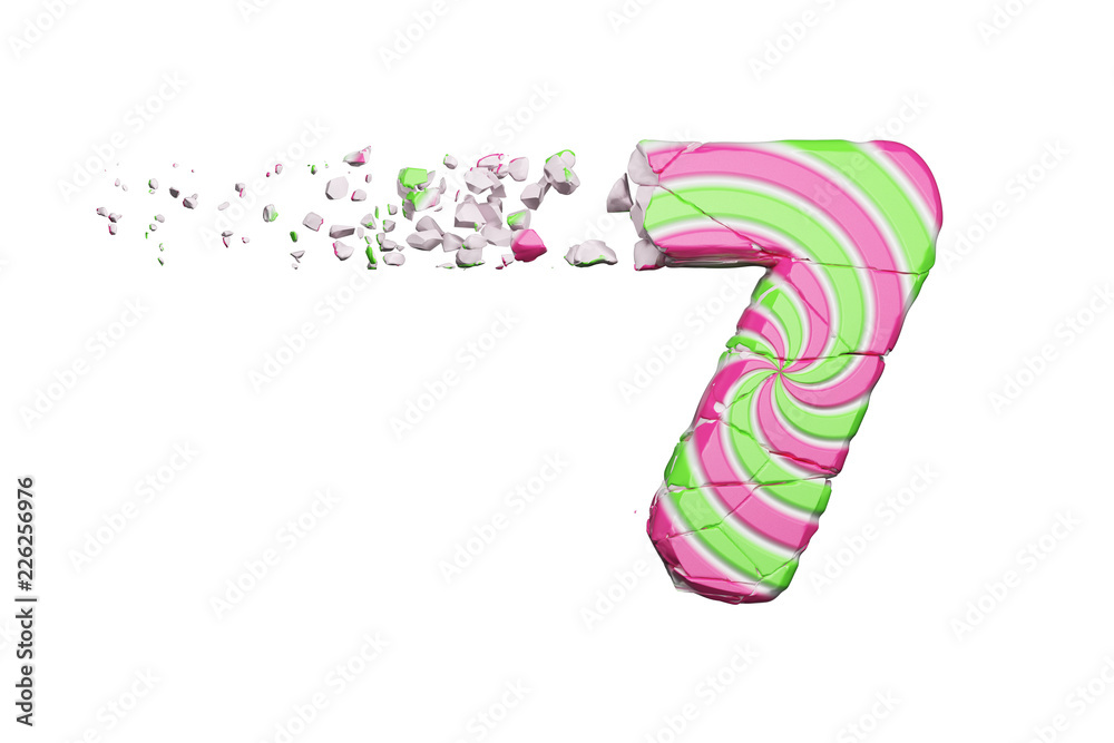 Fototapete broken shattered alphabet number 7. crushed font made of pink and green striped lollipop. 3d render 