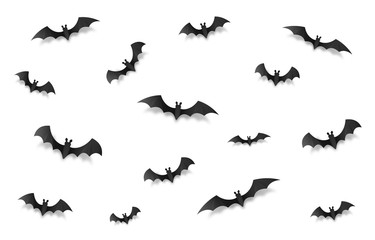 Black paper style vector halloween bats set isolated on white background