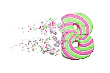 Broken shattered alphabet number 8. Crushed font made of pink and green striped lollipop. 3D render isolated on white background.