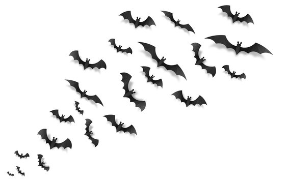 Black paper bats flying across the screen, vector Halloween elements on white background