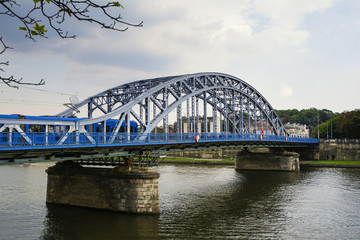 Blue bridge over Vistula river in Krakow, Poland