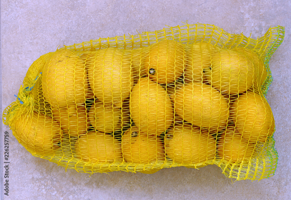 Wall mural lemon, fresh and natural lemon in a large net, in a vegetable net

