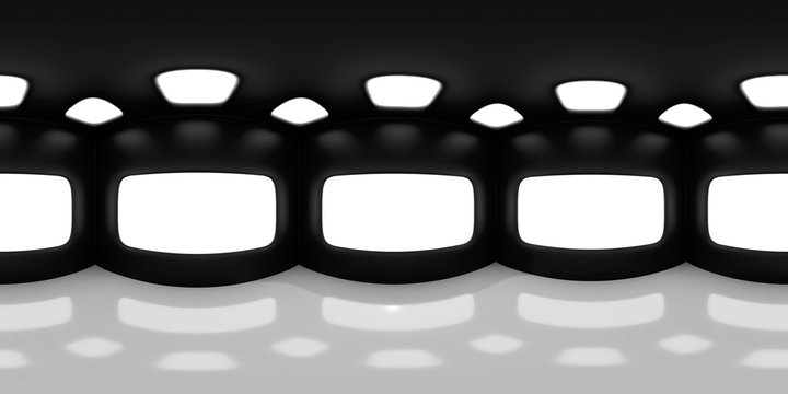 HDRI map, spherical environment panorama background in shades of black and white, light source render - abstract room (3d equirectangular render)