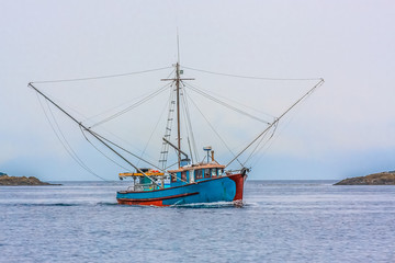 Blue Shrimp Boat on Grey Day