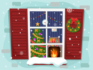 View of the cozy Christmas living room with a tree and fireplace through the window. Flat design.