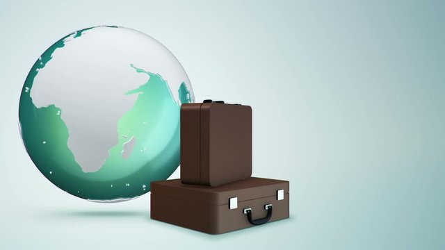 Movie of traveling with animation rotation of abstract Earth globe with glossy surface and suitcases for vacations. Animation of seamless loop.