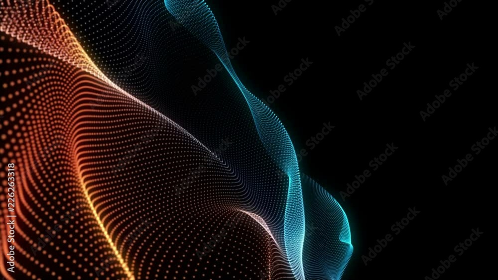 Poster abstract loopable blue and red cg motion waving dots texture with glowing defocused particles. cyber