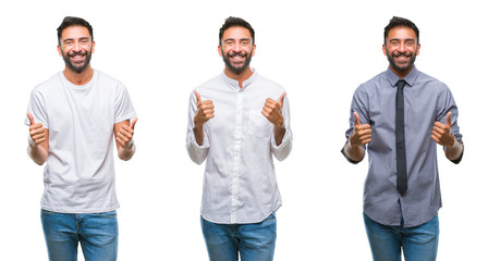 Collage of handsome young indian man over isolated background cheerful with a smile of face pointing with hand and finger up to the side with happy and natural expression on face