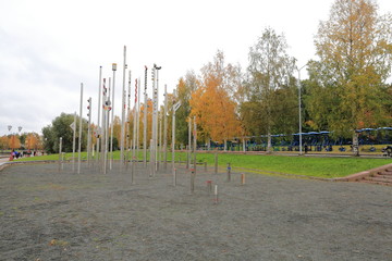 Fototapeta premium Leaves of trees in bright autumn colors, heavy autumn sky with rain clouds, but there is still green grass, which is even better shades the colors of autumn