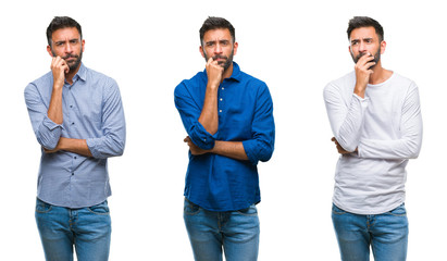 Collage of handsome young indian man over isolated background thinking looking tired and bored with...
