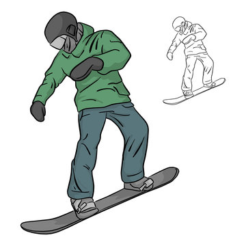 Freeride snowboarder rolls on a snow vector illustration sketch doodle hand drawn with black lines isolated on white background. Winter sport.