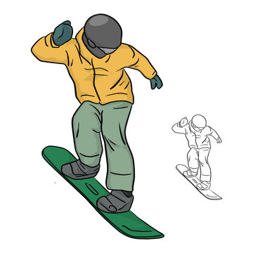 Snowboarder with yellow jacket and helmet vector illustration sketch doodle hand drawn with black lines isolated on white background