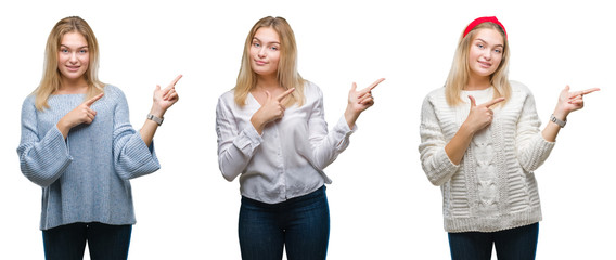 Collage of young beautiful blonde woman over white isolated backgroud smiling and looking at the camera pointing with two hands and fingers to the side.