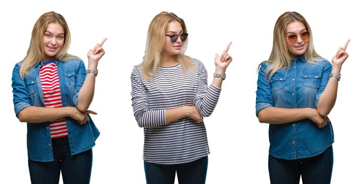 Collage of young beautiful blonde woman wearing sunglasses over white isolated backgroud with a big smile on face, pointing with hand and finger to the side looking at the camera.