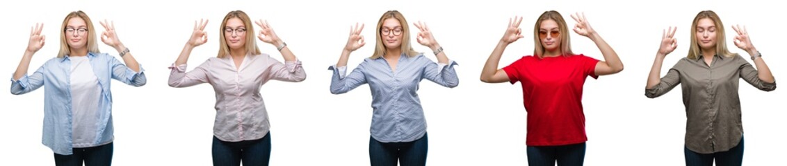 Collage of young beautiful blonde woman over white isolated backgroud relax and smiling with eyes closed doing meditation gesture with fingers. Yoga concept.