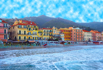 Beautiful view of the sea and the town of Alassio with colorful buildings, Liguria, Italian...