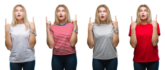 Collage of young beautiful blonde woman wearing a t-shirt over white isolated backgroud amazed and surprised looking up and pointing with fingers and raised arms.