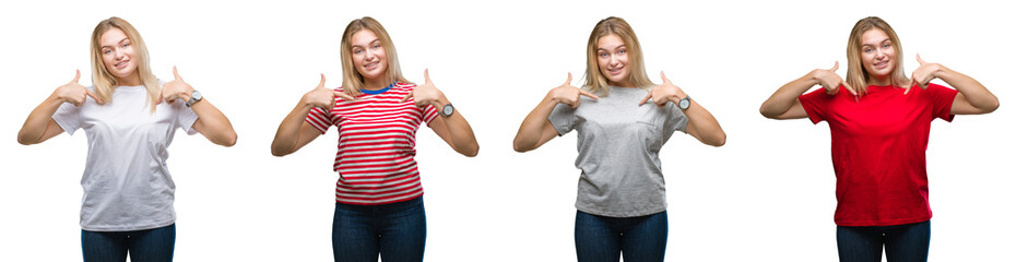 Collage of young beautiful blonde woman wearing a t-shirt over white isolated backgroud looking confident with smile on face, pointing oneself with fingers proud and happy.